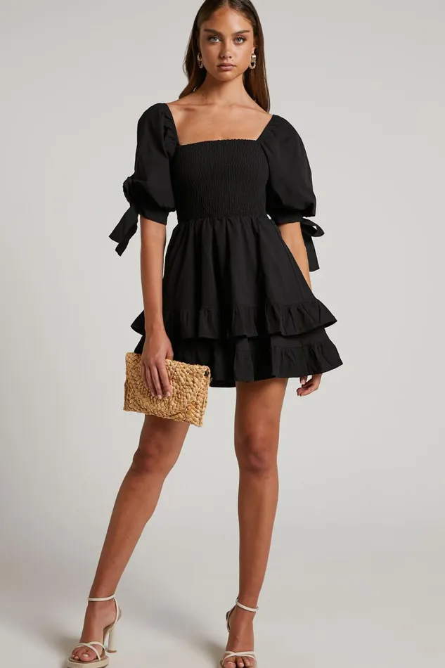 Chelle Mini Dress 8211 Shirred Short Tie Sleeve Dress In Black Women Showpo Curve Clothes