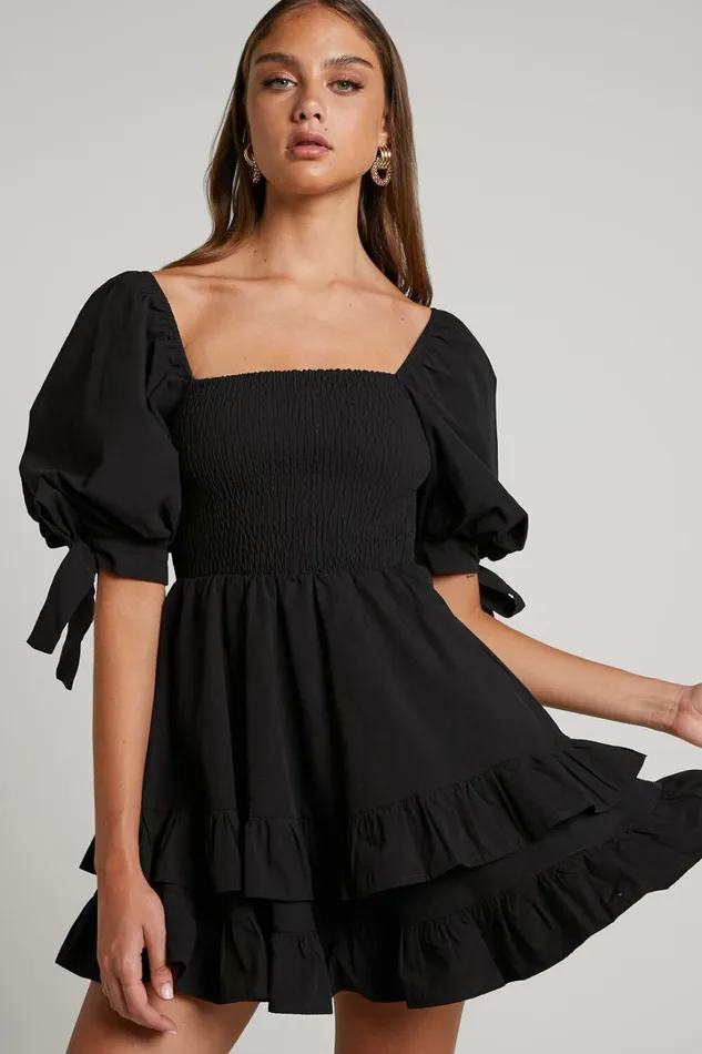 Chelle Mini Dress 8211 Shirred Short Tie Sleeve Dress In Black Women Showpo Curve Clothes