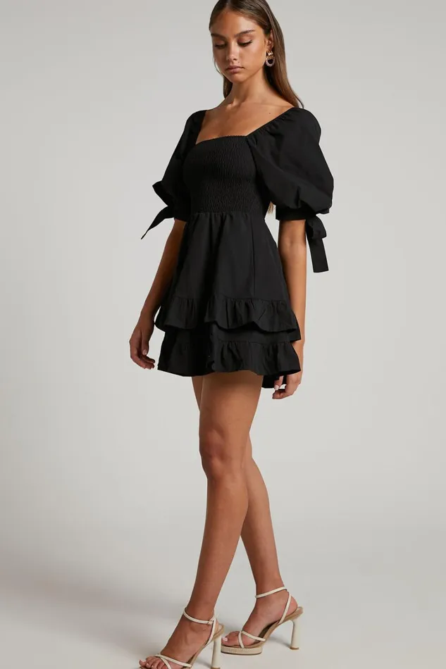 Chelle Mini Dress 8211 Shirred Short Tie Sleeve Dress In Black Women Showpo Curve Clothes