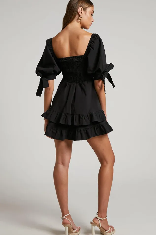 Chelle Mini Dress 8211 Shirred Short Tie Sleeve Dress In Black Women Showpo Curve Clothes