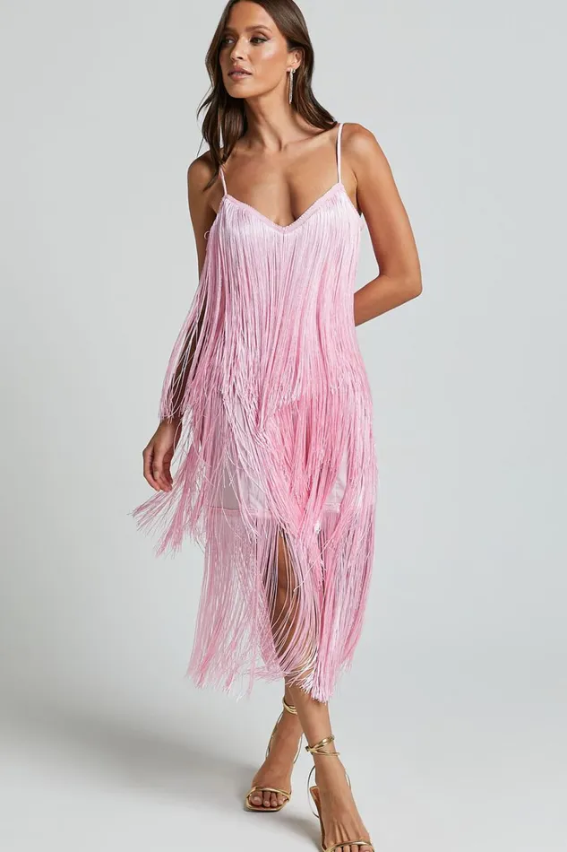Cherika Midi Dress 8211 Zag Fringe Dress In Frost Pink Women Showpo Dresses