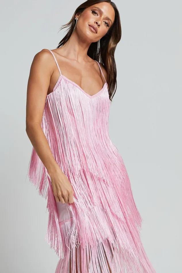 Cherika Midi Dress 8211 Zag Fringe Dress In Frost Pink Women Showpo Dresses