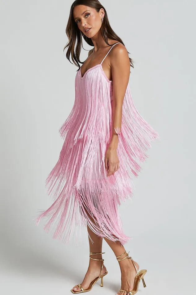 Cherika Midi Dress 8211 Zag Fringe Dress In Frost Pink Women Showpo Dresses