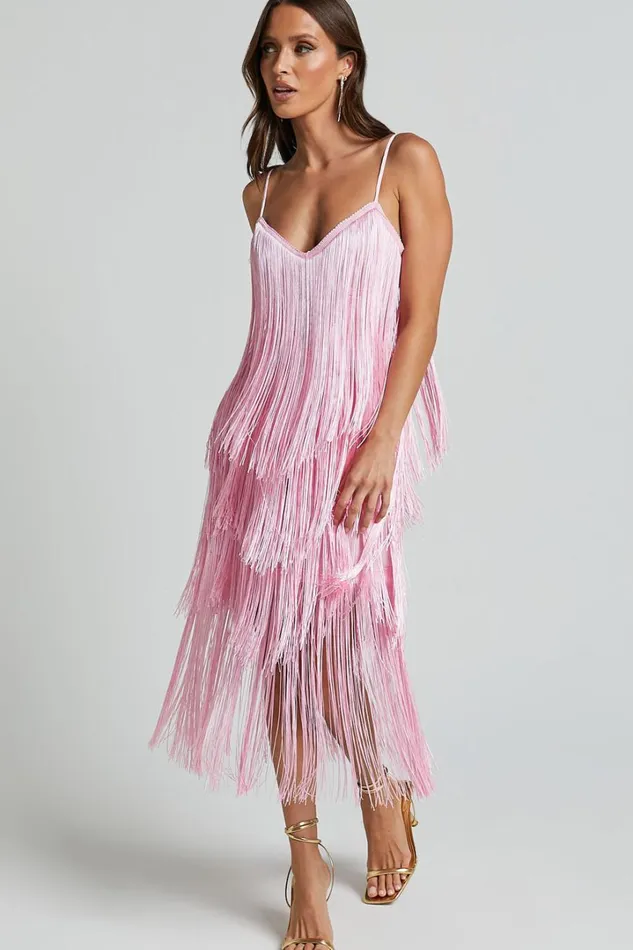 Cherika Midi Dress 8211 Zag Fringe Dress In Frost Pink Women Showpo Dresses
