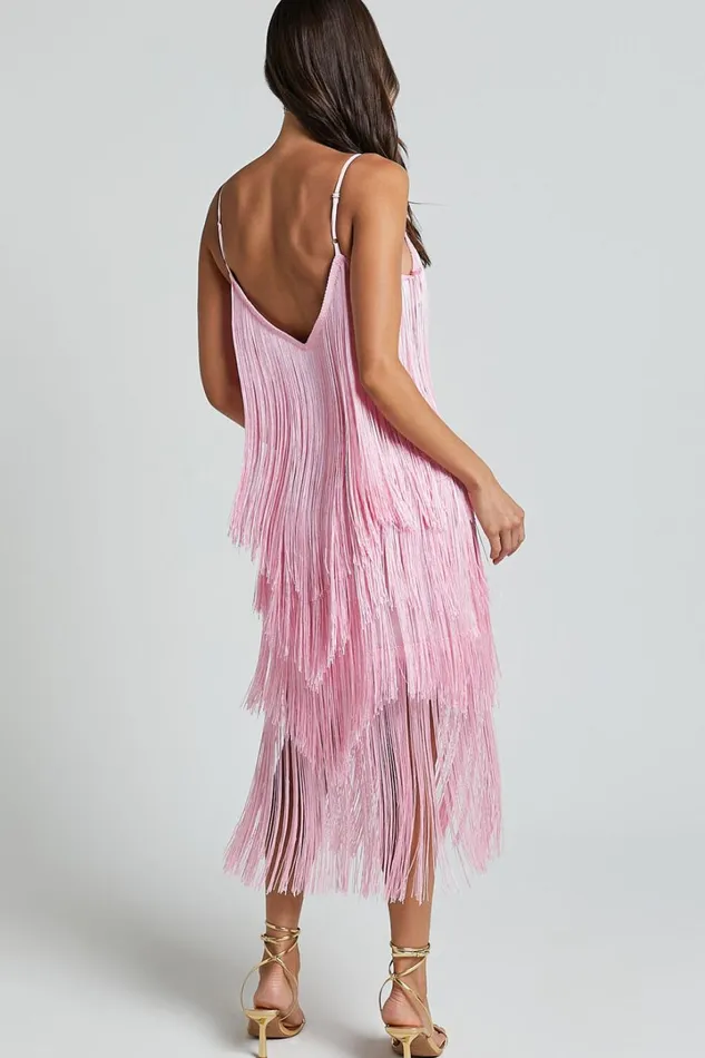 Cherika Midi Dress 8211 Zag Fringe Dress In Frost Pink Women Showpo Dresses