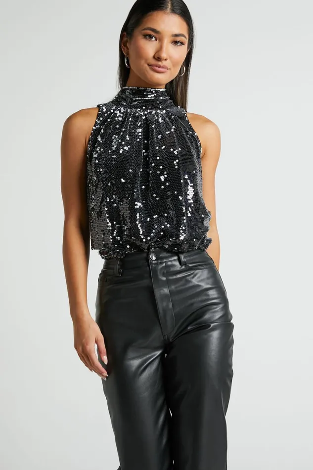 Chey Sequin Top 8211 High Neck Sleeveless Sequin Top In Black Women Showpo Tops