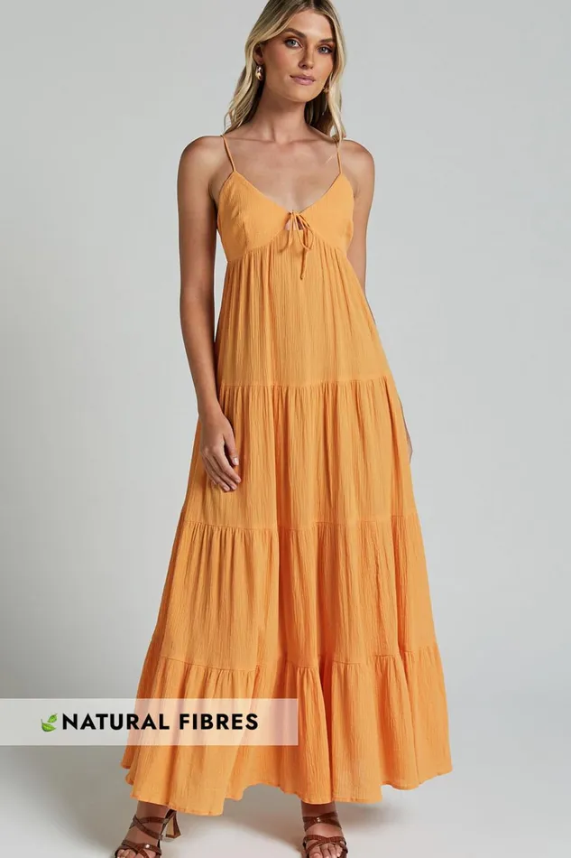 Chila Maxi Dress 8211 Strappy Tie Front Low Back Tiered In Papaya Orange Women Showpo Conscious Chila Maxi Dress 8211 Strappy Tie Front Low Back Tiered In Papaya Orange Women Showpo Conscious