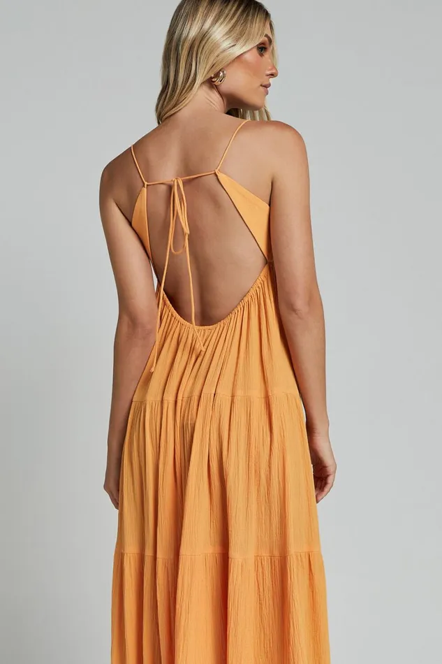Chila Maxi Dress 8211 Strappy Tie Front Low Back Tiered In Papaya Orange Women Showpo Conscious