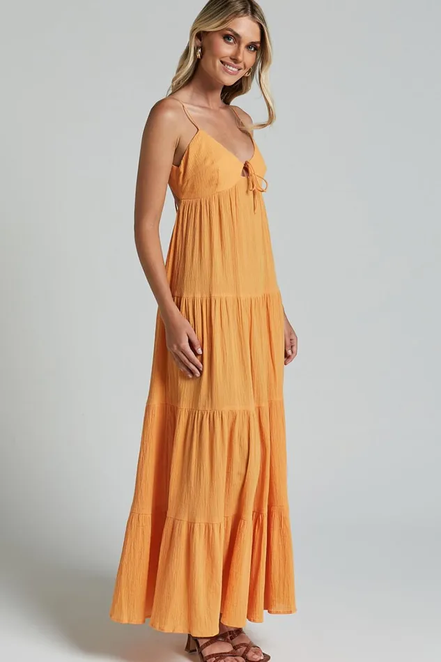 Chila Maxi Dress 8211 Strappy Tie Front Low Back Tiered In Papaya Orange Women Showpo Conscious