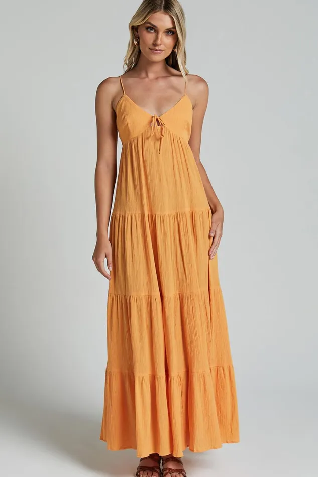 Chila Maxi Dress 8211 Strappy Tie Front Low Back Tiered In Papaya Orange Women Showpo Conscious