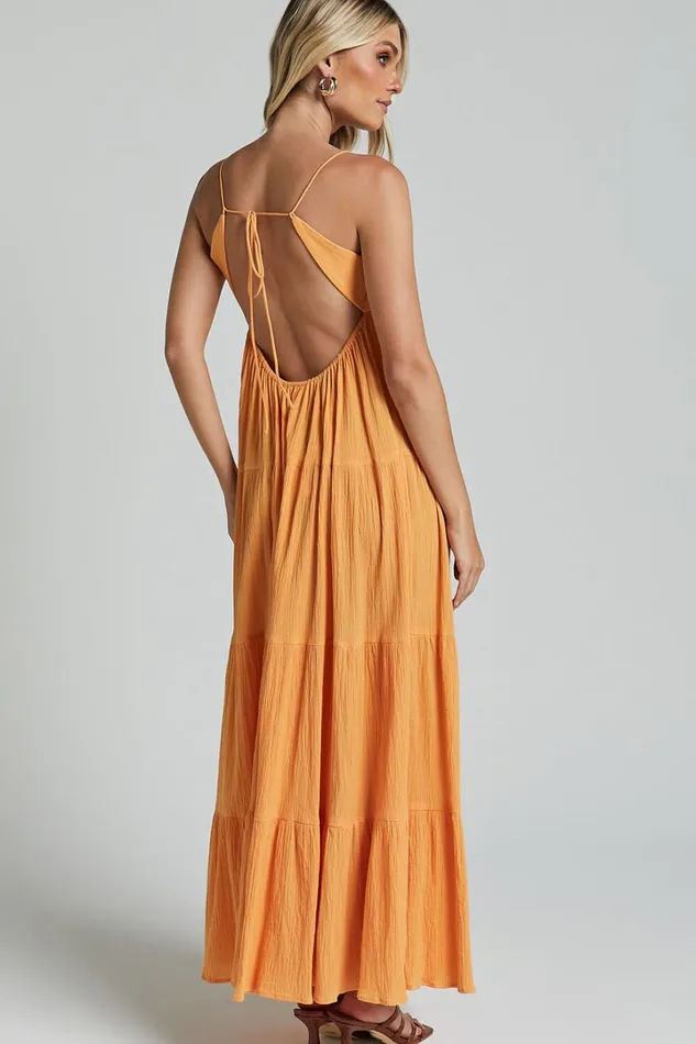 Chila Maxi Dress 8211 Strappy Tie Front Low Back Tiered In Papaya Orange Women Showpo Conscious