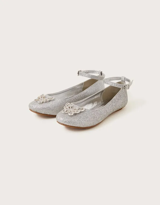 Children Fine Glitter Butterfly Ballerina Flats Silver Monsoon Partywear