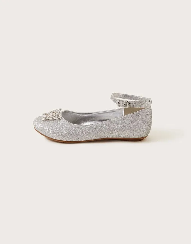 Children Fine Glitter Butterfly Ballerina Flats Silver Monsoon Partywear