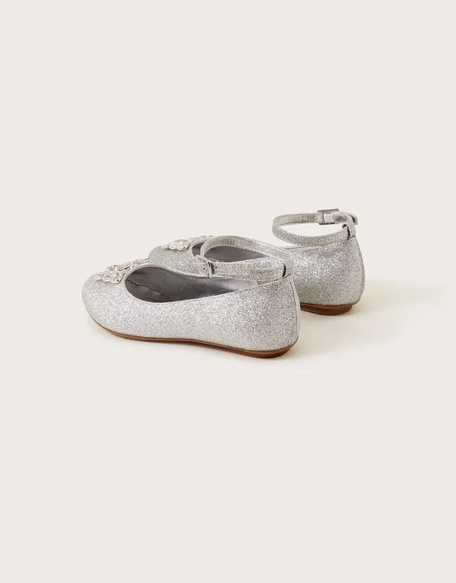 Children Fine Glitter Butterfly Ballerina Flats Silver Monsoon Partywear