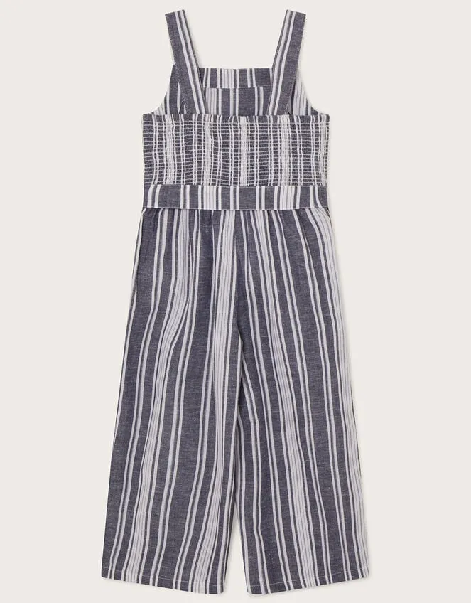 Children Stripe Jumpsuit In Linen Blend Blue Monsoon Beachwear and Swimwear