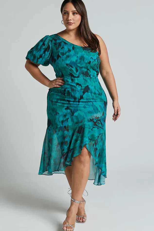 Clabelle Midi Dress 8211 One Shoulder Ruffle Tulip Hem Dress In Emerald Blur Floral Women Showpo Curve Clothes