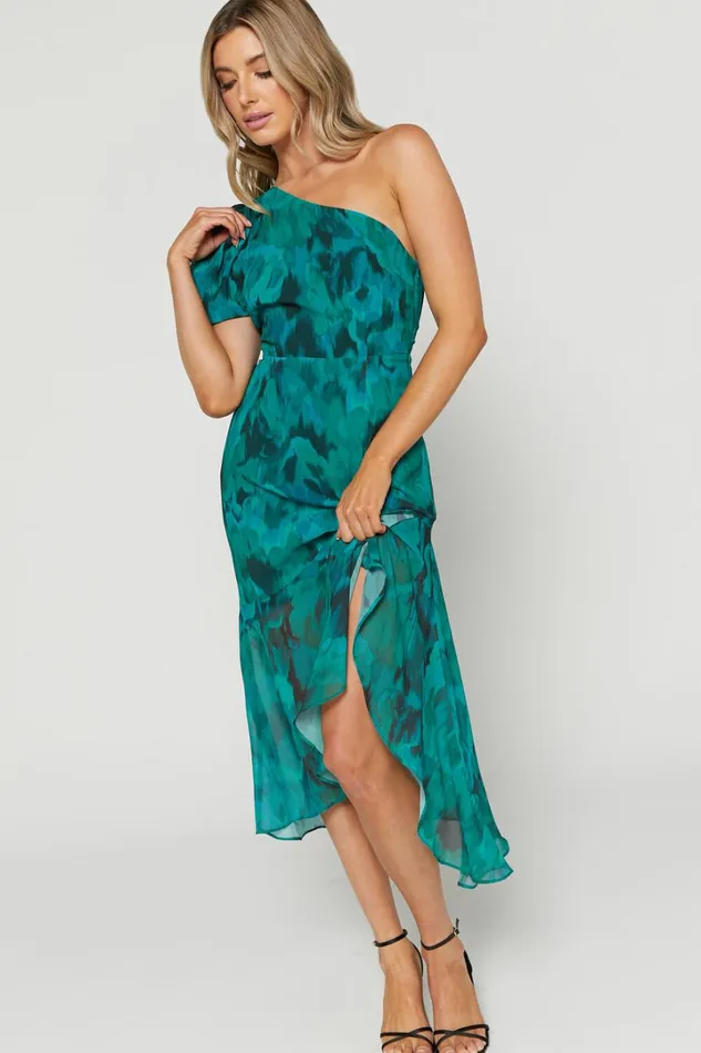 Clabelle Midi Dress 8211 One Shoulder Ruffle Tulip Hem Dress In Emerald Blur Floral Women Showpo Curve Clothes