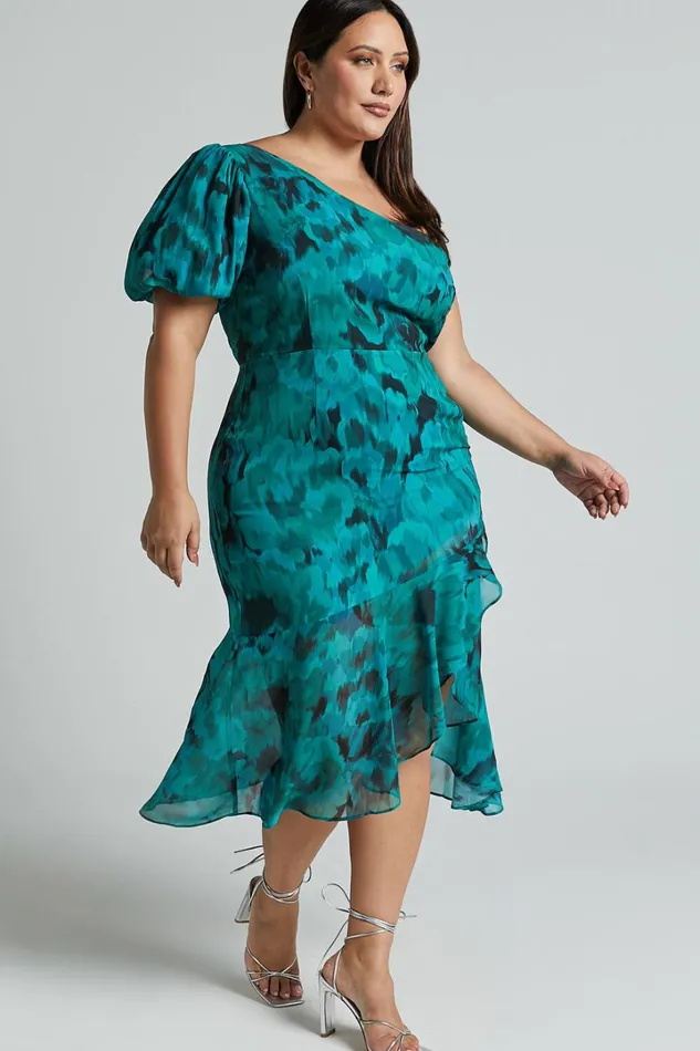 Clabelle Midi Dress 8211 One Shoulder Ruffle Tulip Hem Dress In Emerald Blur Floral Women Showpo Curve Clothes