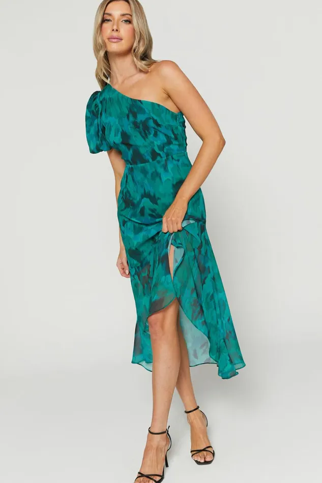 Clabelle Midi Dress 8211 One Shoulder Ruffle Tulip Hem Dress In Emerald Blur Floral Women Showpo Curve Clothes