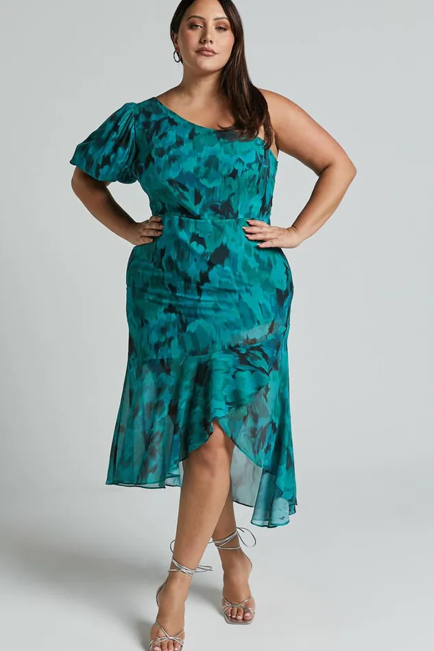Clabelle Midi Dress 8211 One Shoulder Ruffle Tulip Hem Dress In Emerald Blur Floral Women Showpo Curve Clothes