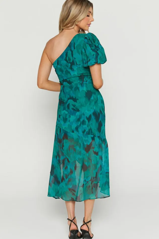 Clabelle Midi Dress 8211 One Shoulder Ruffle Tulip Hem Dress In Emerald Blur Floral Women Showpo Curve Clothes