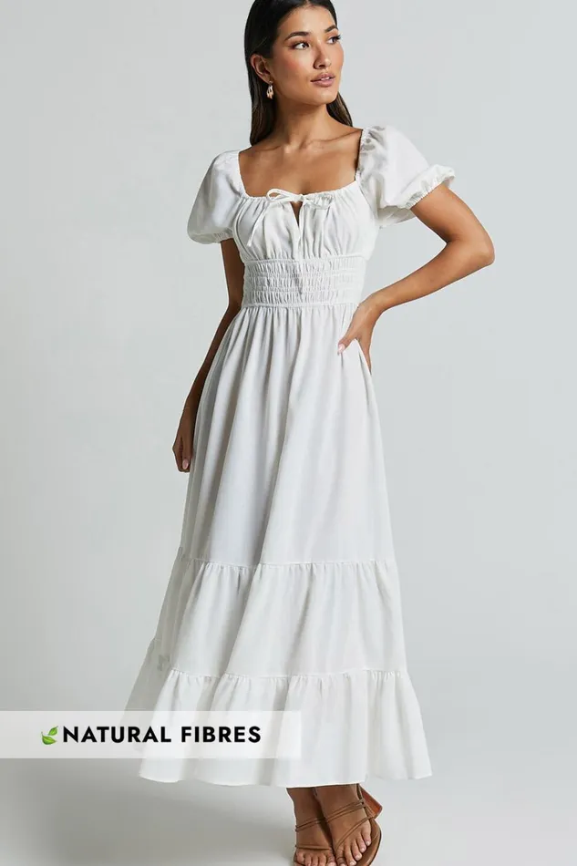 Claritza Midi Dress 8211 Linen Look Short Puff Sleeve Square Neck Tiered Dress In White Women Showpo Curve Clothes Claritza Midi Dress 8211 Linen Look Short Puff Sleeve Square Neck Tiered Dress In White Women Showpo Curve Clothes