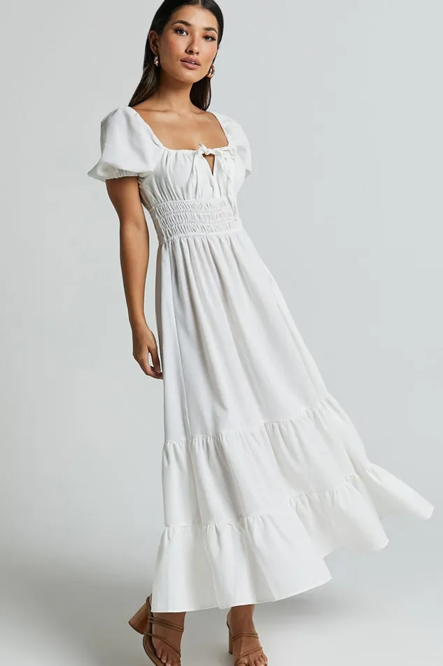 Claritza Midi Dress 8211 Linen Look Short Puff Sleeve Square Neck Tiered Dress In White Women Showpo Curve Clothes