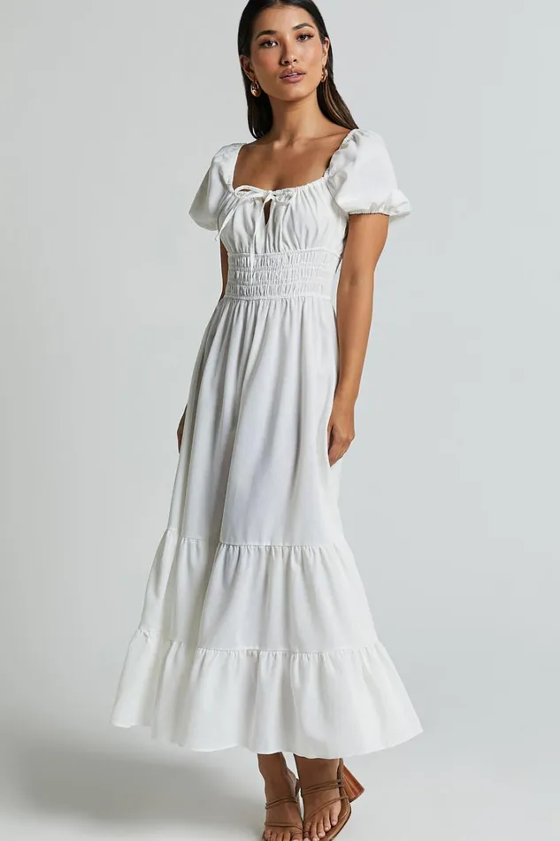 Claritza Midi Dress 8211 Linen Look Short Puff Sleeve Square Neck Tiered Dress In White Women Showpo Curve Clothes