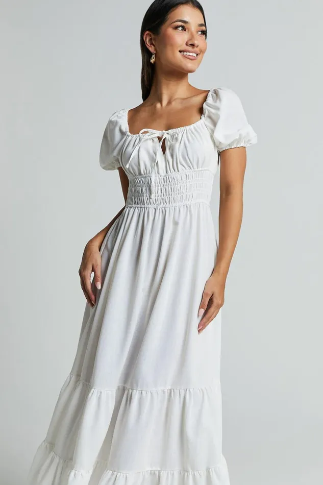 Claritza Midi Dress 8211 Linen Look Short Puff Sleeve Square Neck Tiered Dress In White Women Showpo Curve Clothes