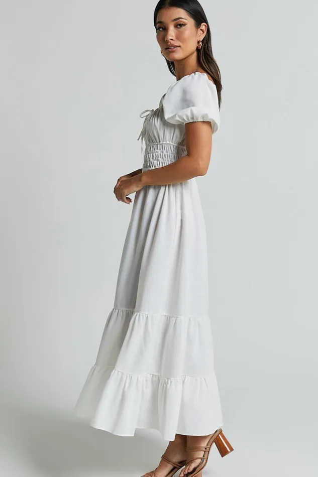Claritza Midi Dress 8211 Linen Look Short Puff Sleeve Square Neck Tiered Dress In White Women Showpo Curve Clothes