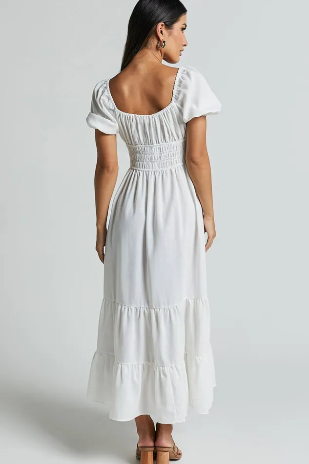 Claritza Midi Dress 8211 Linen Look Short Puff Sleeve Square Neck Tiered Dress In White Women Showpo Curve Clothes