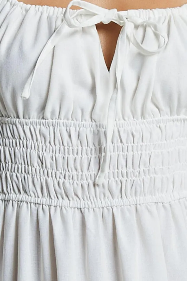 Claritza Midi Dress 8211 Linen Look Short Puff Sleeve Square Neck Tiered Dress In White Women Showpo Curve Clothes