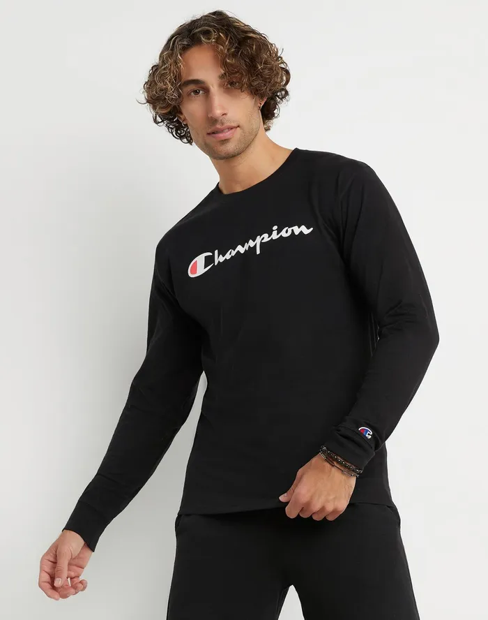 Classic Graphic LongSleeve TShirt Screenprint Script Logo Black Men Champion TShirts and Tops Classic Graphic LongSleeve TShirt Screenprint Script Logo Black Men Champion TShirts and Tops