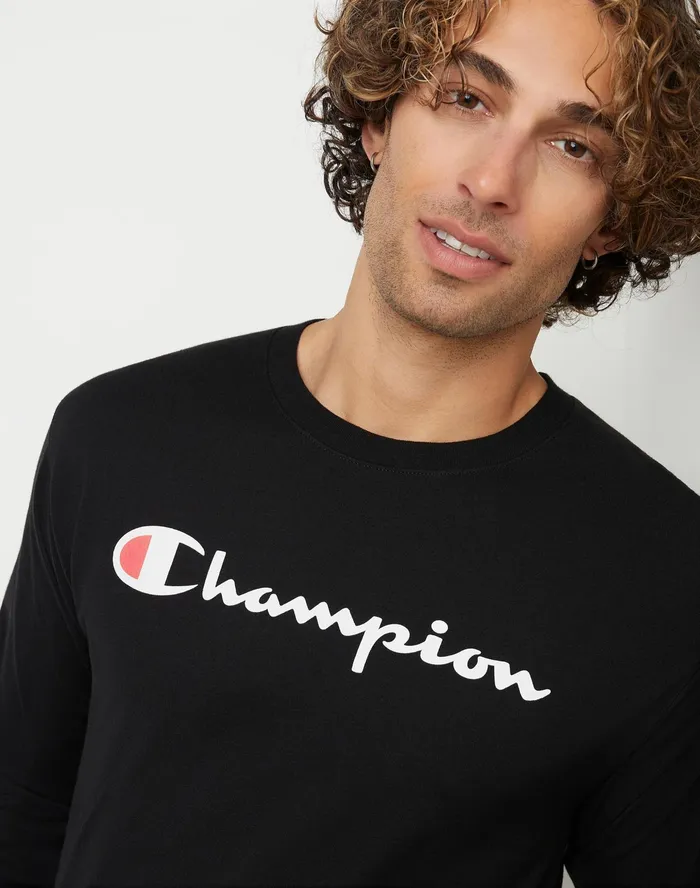 Classic Graphic LongSleeve TShirt Screenprint Script Logo Black Men Champion TShirts and Tops