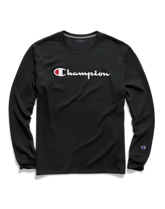 Classic Graphic LongSleeve TShirt Screenprint Script Logo Black Men Champion TShirts and Tops