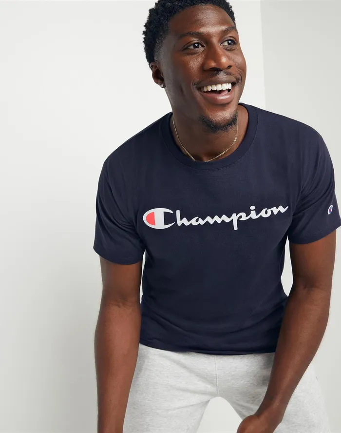 Classic Graphic TShirt Script Logo Navy Men Champion TShirts and Tops