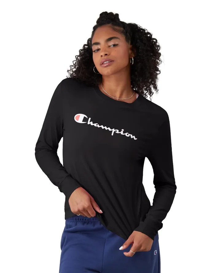 Classic LongSleeve TShirt Script Logo Black Women Champion TShirts and Tops