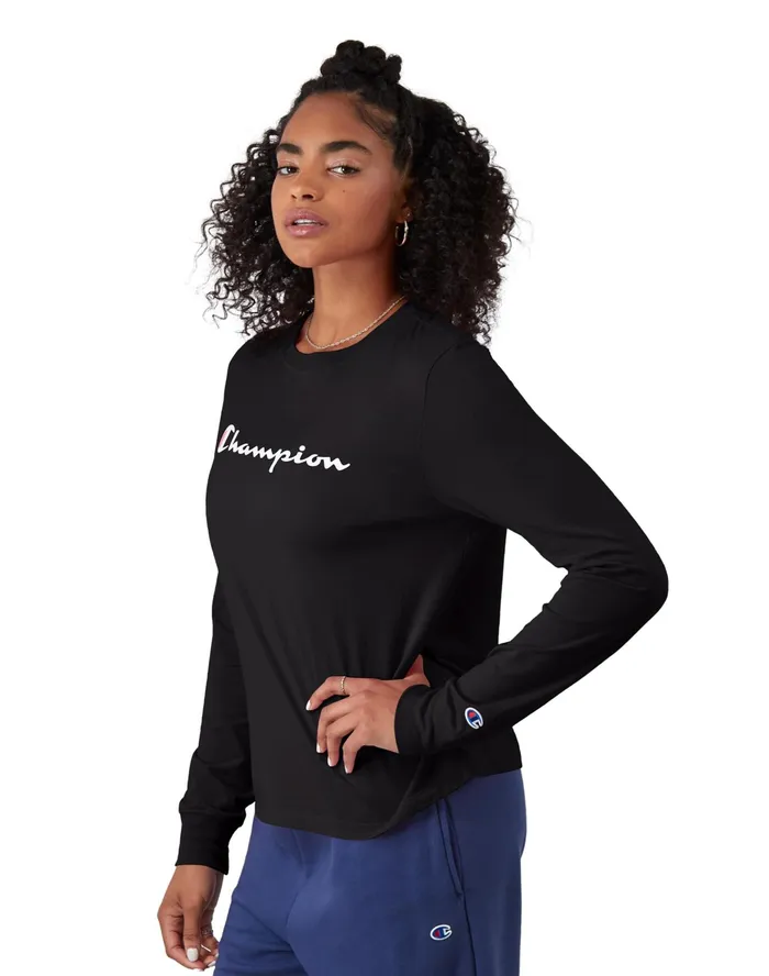 Classic LongSleeve TShirt Script Logo Black Women Champion TShirts and Tops