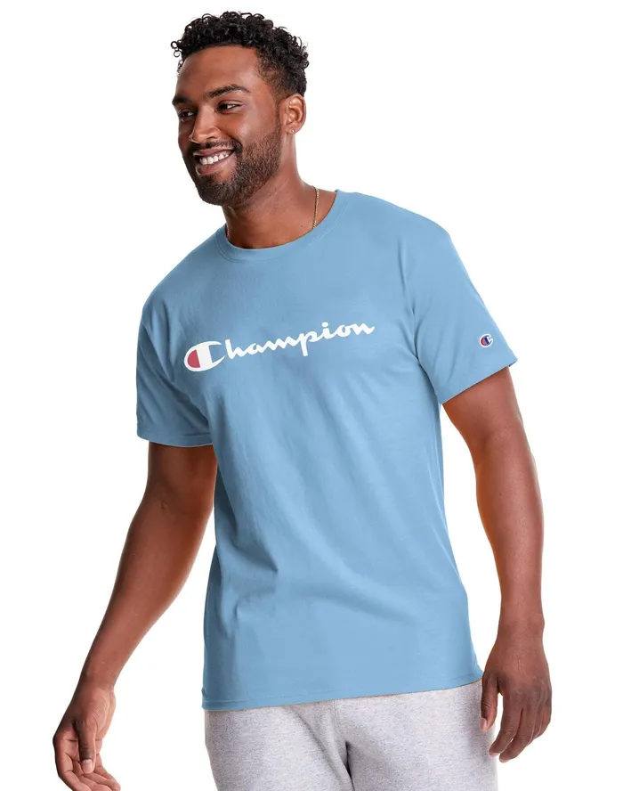 Classic TShirt Script Logo Swiss Blue Men Champion TShirts and Tops