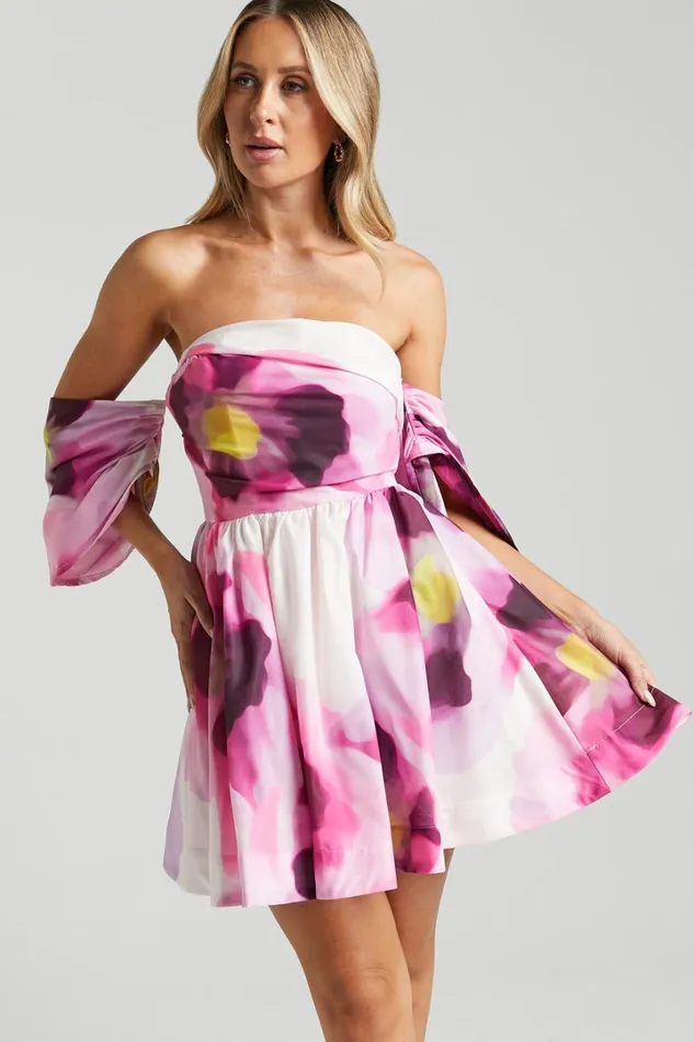 Claudie Off Shoulder Mini Dress In Zinnia Bloom Women Showpo Dresses