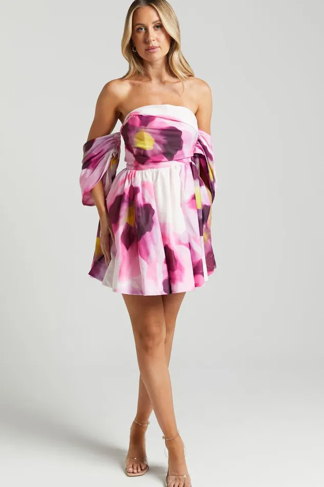 Claudie Off Shoulder Mini Dress In Zinnia Bloom Women Showpo Dresses