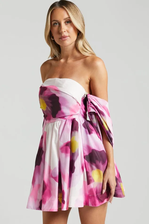 Claudie Off Shoulder Mini Dress In Zinnia Bloom Women Showpo Dresses