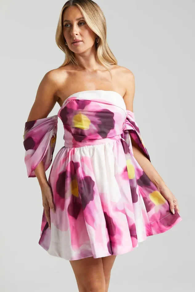 Claudie Off Shoulder Mini Dress In Zinnia Bloom Women Showpo Dresses