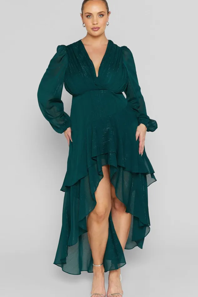 Claudita Midi Dress 8211 Long Sleeve High Low Hem Dress In Emerald Women Showpo Curve Clothes