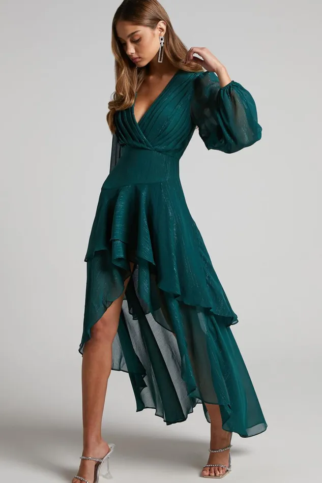 Claudita Midi Dress 8211 Long Sleeve High Low Hem Dress In Emerald Women Showpo Curve Clothes