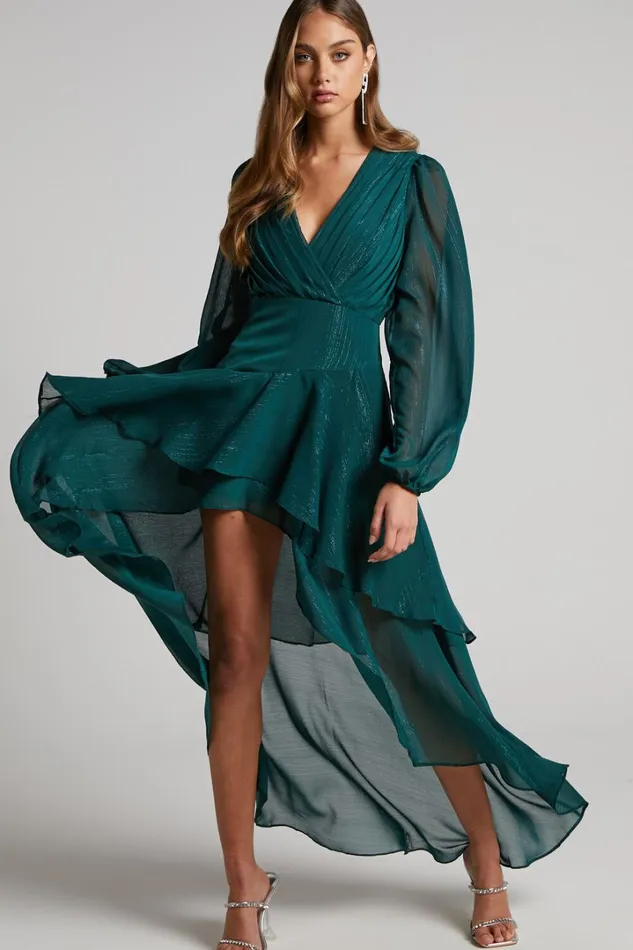 Claudita Midi Dress 8211 Long Sleeve High Low Hem Dress In Emerald Women Showpo Curve Clothes
