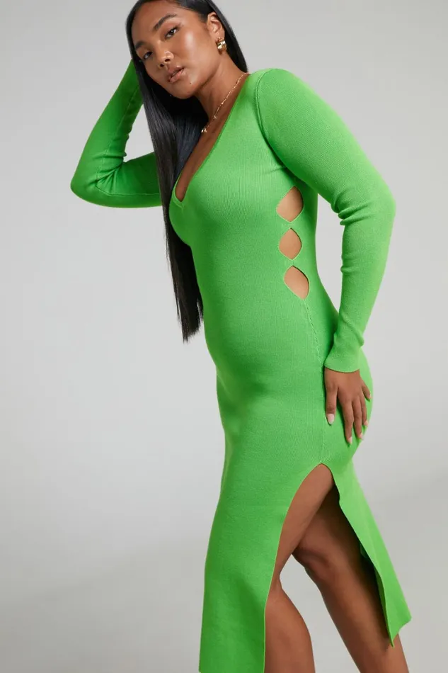 Clymene Midi Dress 8211 Side Cut Out Knit Dress In Lime Women Showpo Dresses