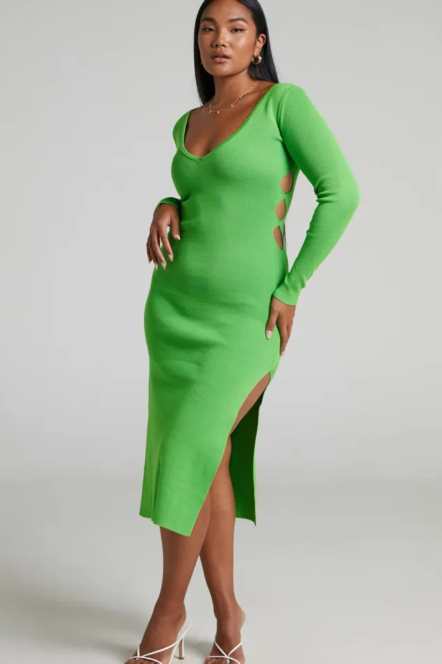 Clymene Midi Dress 8211 Side Cut Out Knit Dress In Lime Women Showpo Dresses