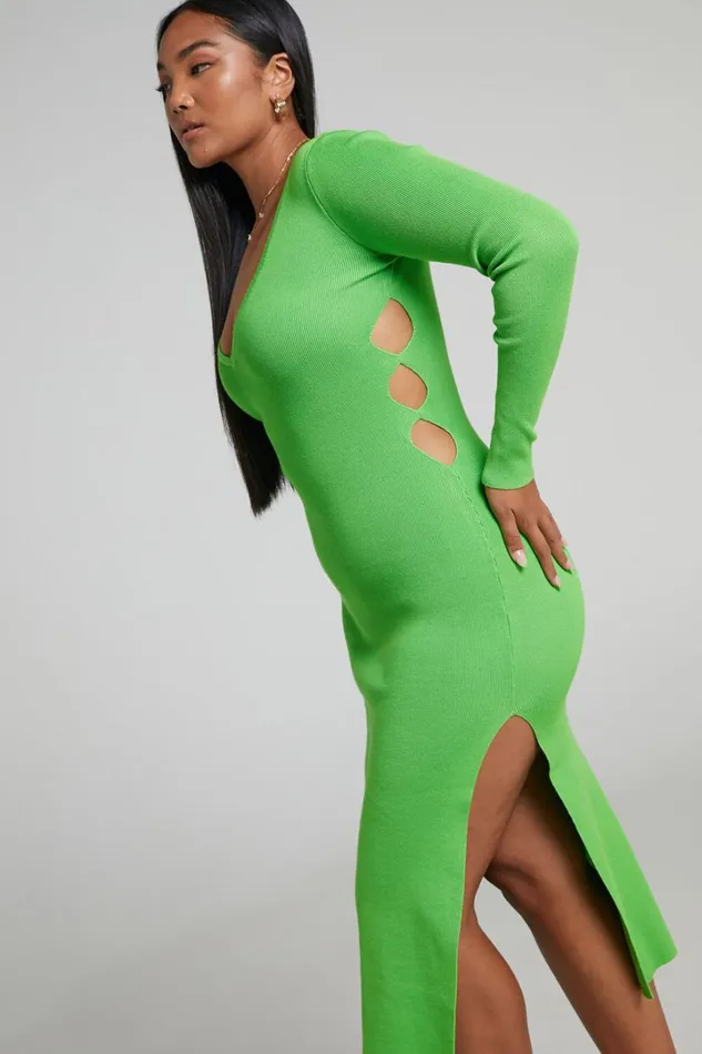 Clymene Midi Dress 8211 Side Cut Out Knit Dress In Lime Women Showpo Dresses