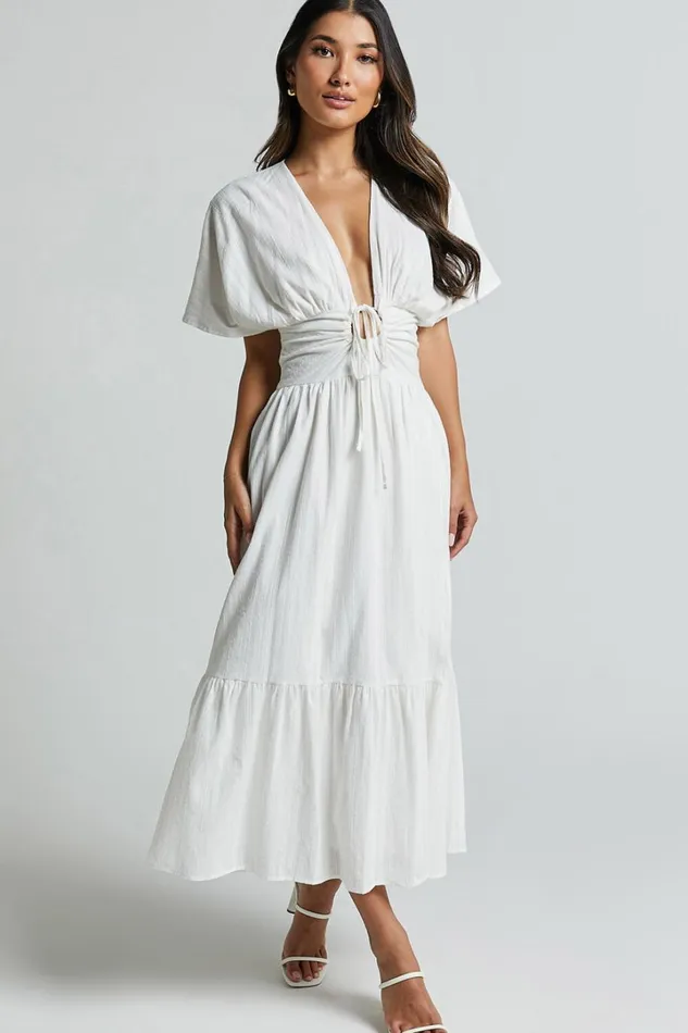Colette Midi Dress 8211 Short Sleeve Plunge Neck Tie A Line Dress In White Women Showpo Dresses
